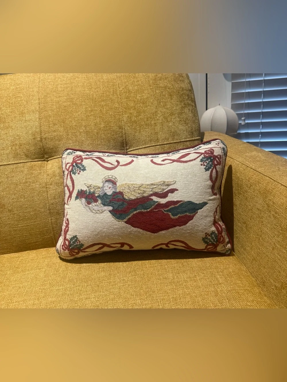 Vintage Riverdale Christmas Angel Tapestry Pillow Gold Metallic Made in USA 16”